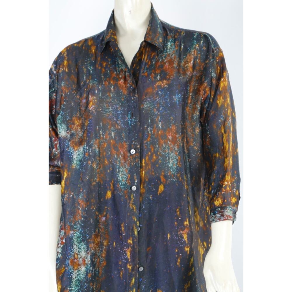 Yavi Button Down Silk Blouse Abstract Painted Designer Top Luxury Size S - Picture 3 of 11